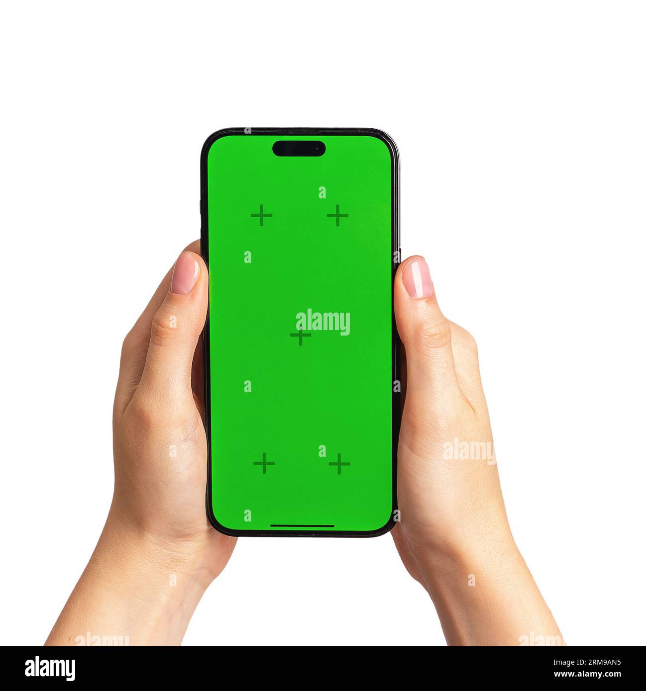 Hand holding chroma key screen of iphone 14, mobile phone mockup