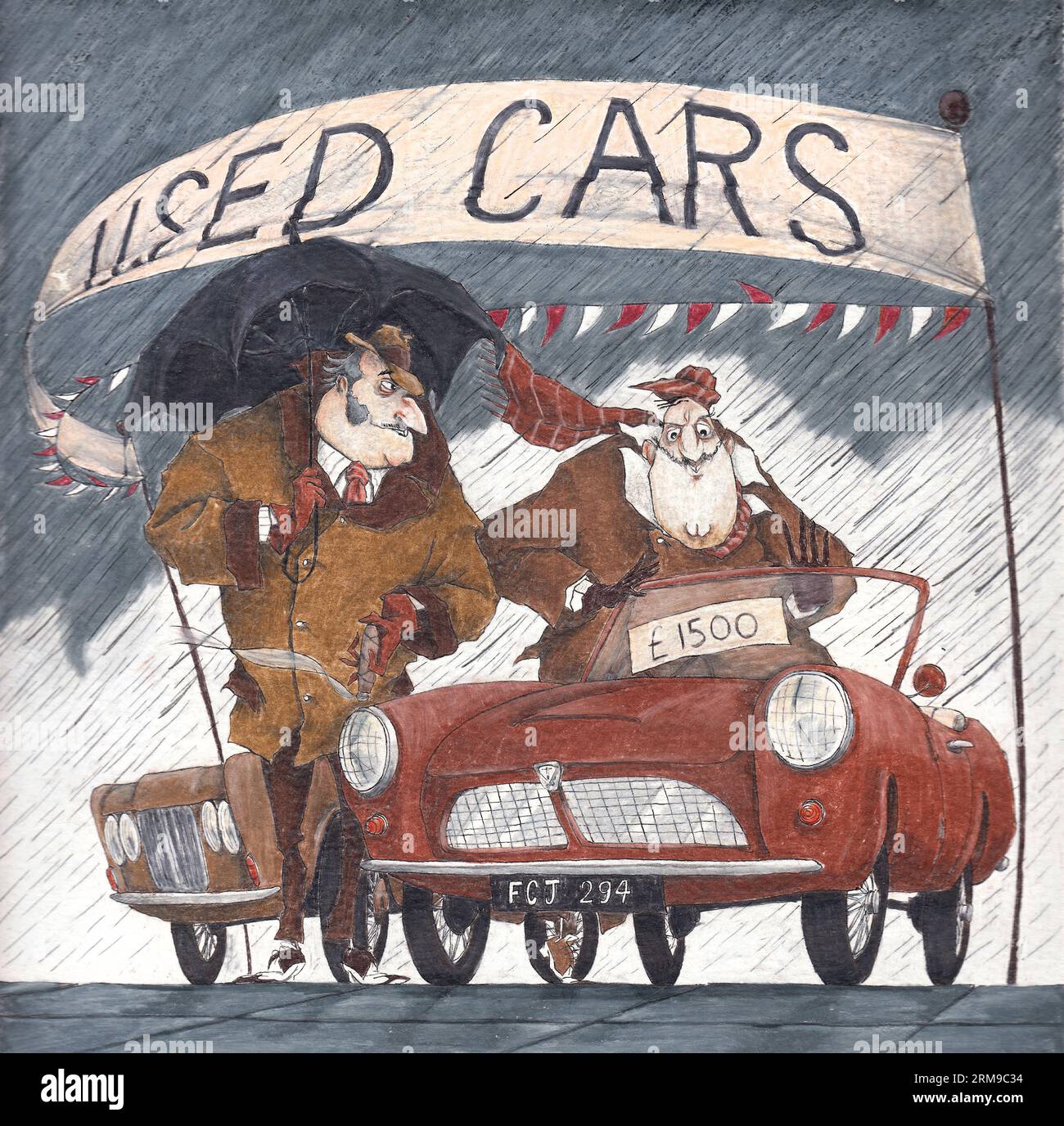 Colour illustration of a shady car salesman selling a car to an