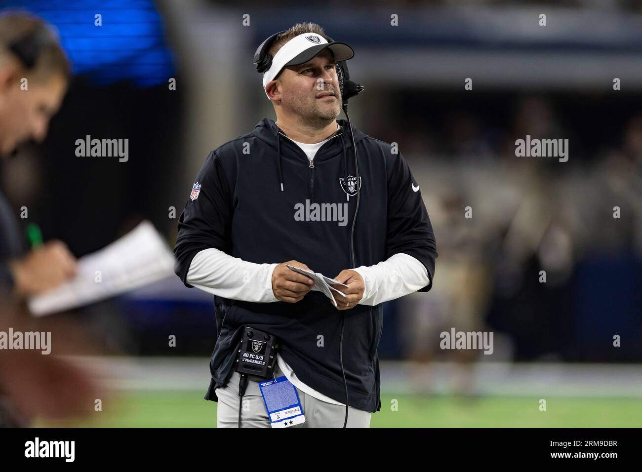 Las Vegas Raiders head coach Josh McDaniels is seen during the second half  of an NFL football game against the Dallas Cowboys, Saturday, Aug. 26,  2023, in Arlington, Texas. Dallas won 31-16. (