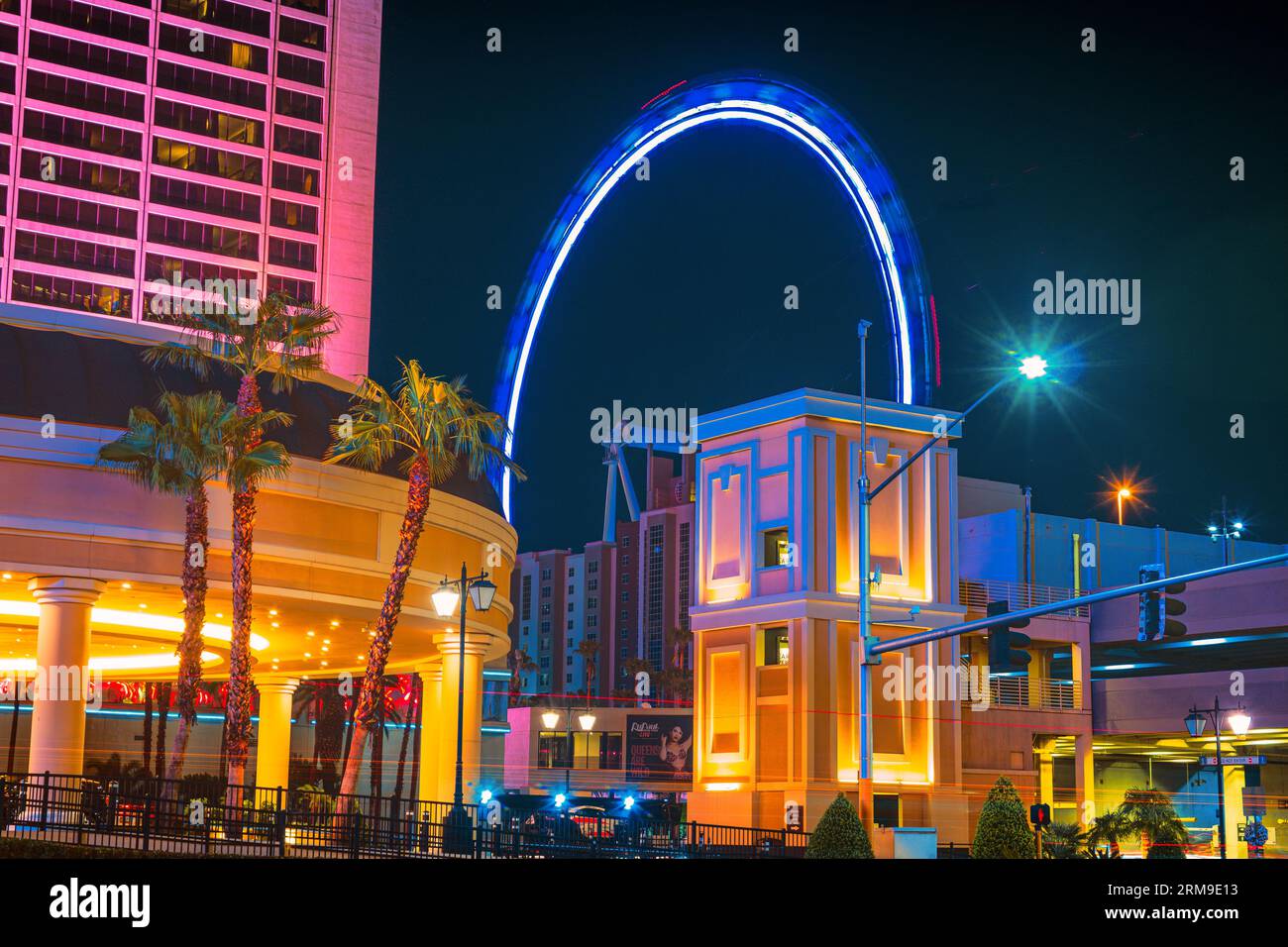 A captivating 60-second exposure of the High Roller Observation Wheel taken from Flamingo Rd near Horseshoe Las Vegas. Stock Photo