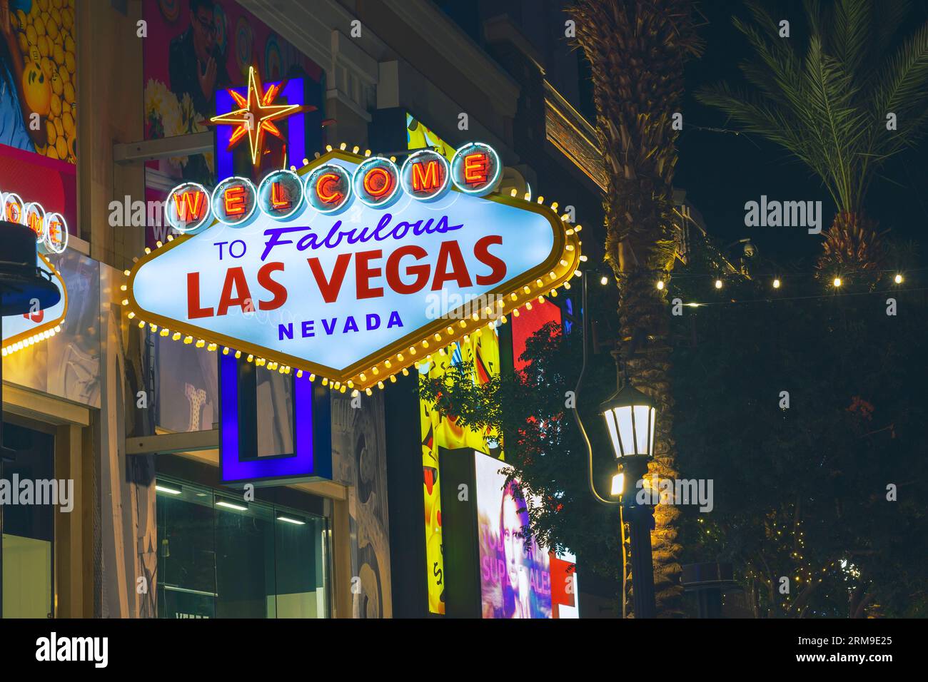 Capture the vibrant spirit of Las Vegas with this image showcasing the famous “Welcome to Las Vegas” sign located outside the Welcome To Las Vegas sto Stock Photo