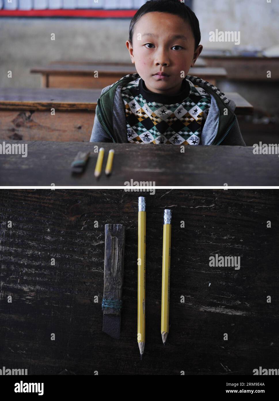 (140520) -- CHONGQING, May 20, 2014 (Xinhua) -- This photo combination shows second-grade student Wei Chao (above) along with his pencils and a knife used as a pencil-sharpener (below) at Baimiao Elementary School in Sanquan Town of Nanchuan District, southwest China s Chongqing Municipality, May 20, 2014. Most of the 45 students enrolled in Baimiao Elementary School are left-behind children from nearby rural areas whose parents make a living as migrant workers in cities. For years, the students here have been faced with insufficient educational supplies, notably stationery. (Xinhua/Li Jian) ( Stock Photo