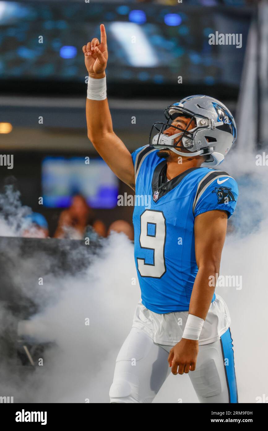 Carolina Panthers quarterback Bryce Young (9) walks off the field after an  NFL preseason football game against the New York Jets, Saturday, Aug. 12,  2023, in Charlotte, N.C. (AP Photo/Jacob Kupferman Stock