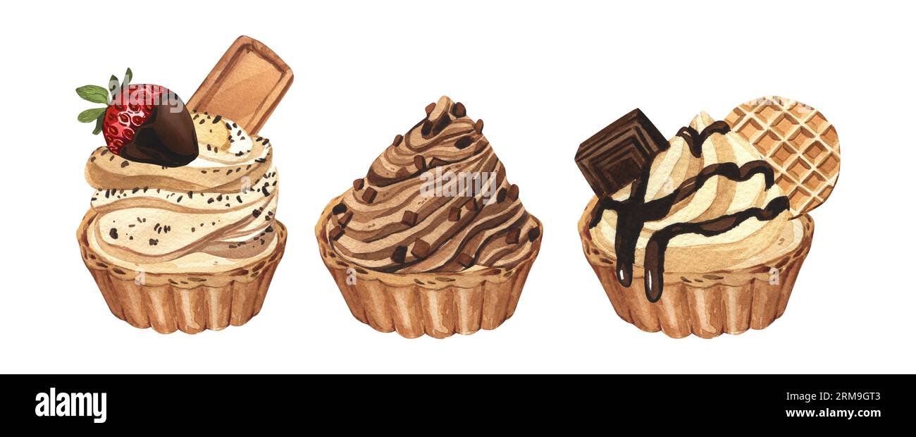 Watercolor dessert cupcake set, whipped cream with strawberry and ...