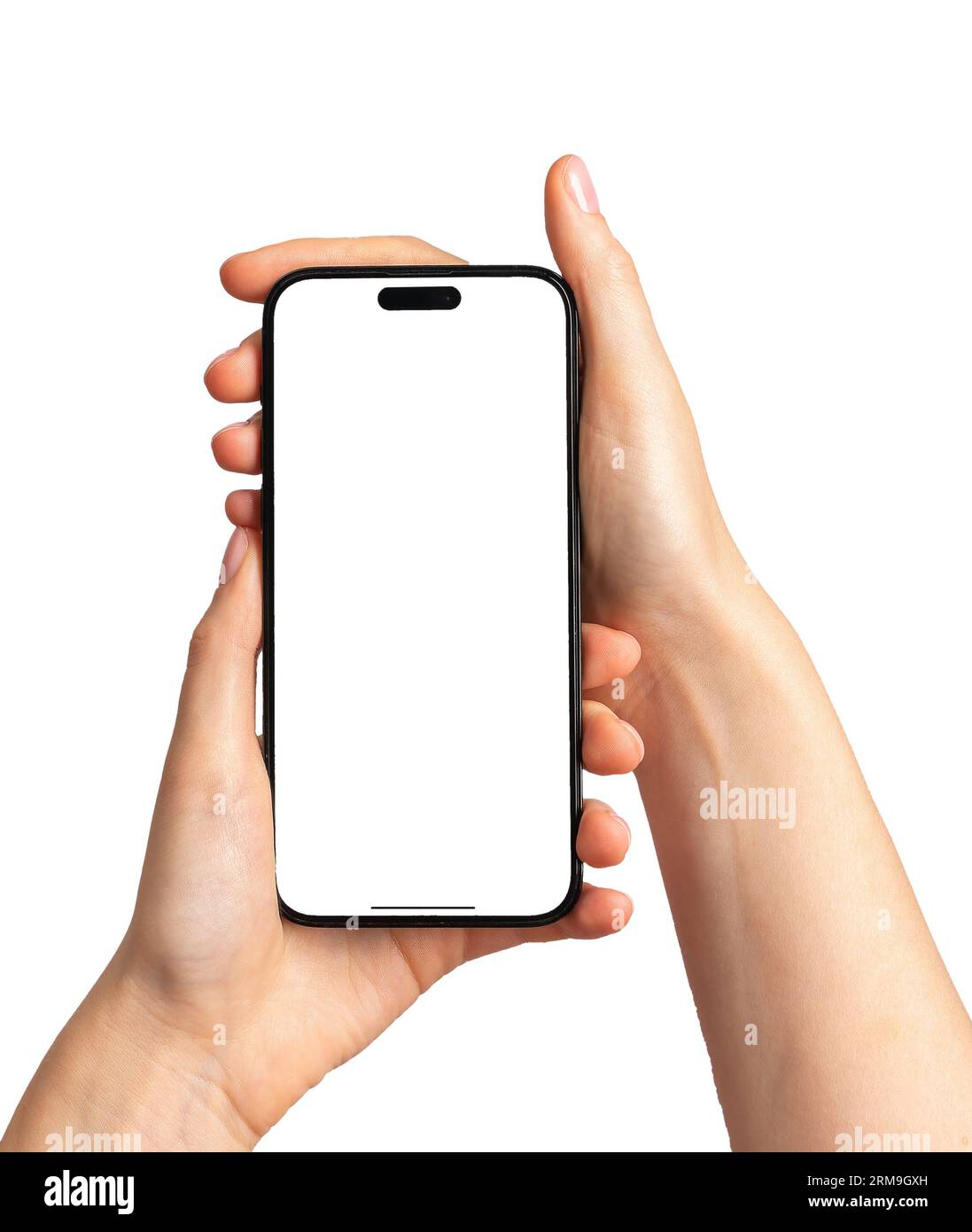 Iphone screen mock up. Hand holding mobile phone mockup isolated on