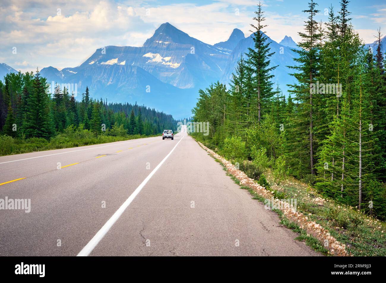 Visitors driving through the Canadian Rocky Mountains in Jasper NationalPark. Stock Photo