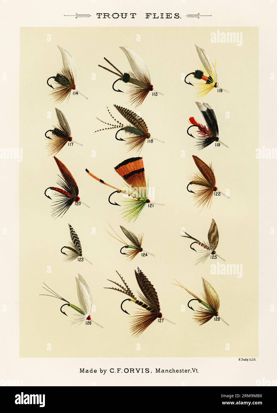 Vintage Illustration of fly fishing hooks: Assorted barbed fly