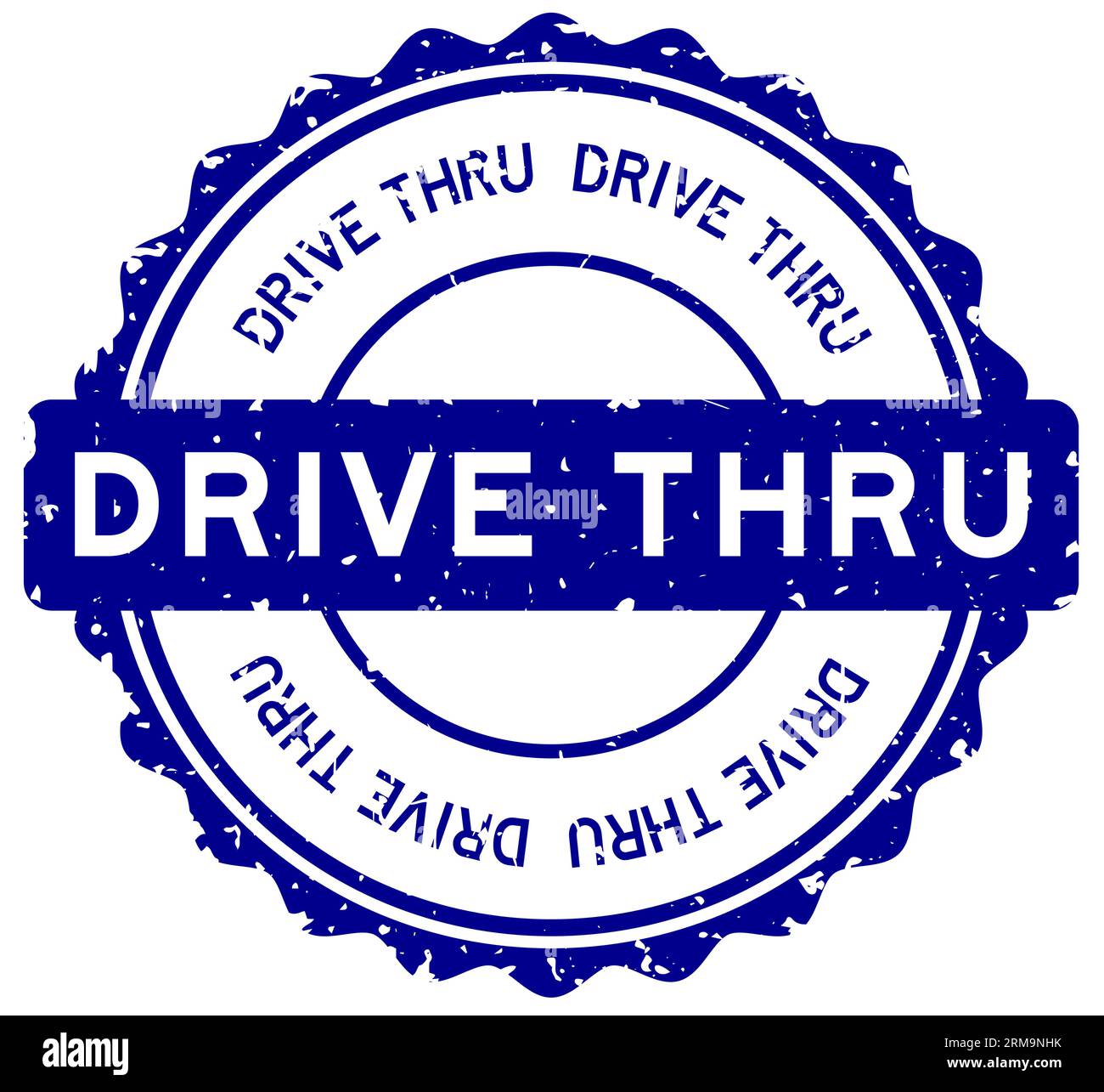 Grunge blue drive thru word round rubber seal stamp on white background