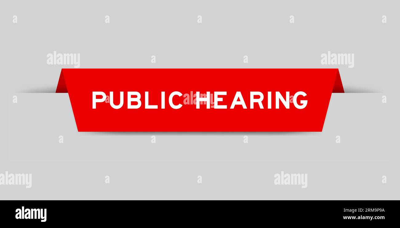 Red color inserted label with word public hearing on gray background Stock Vector