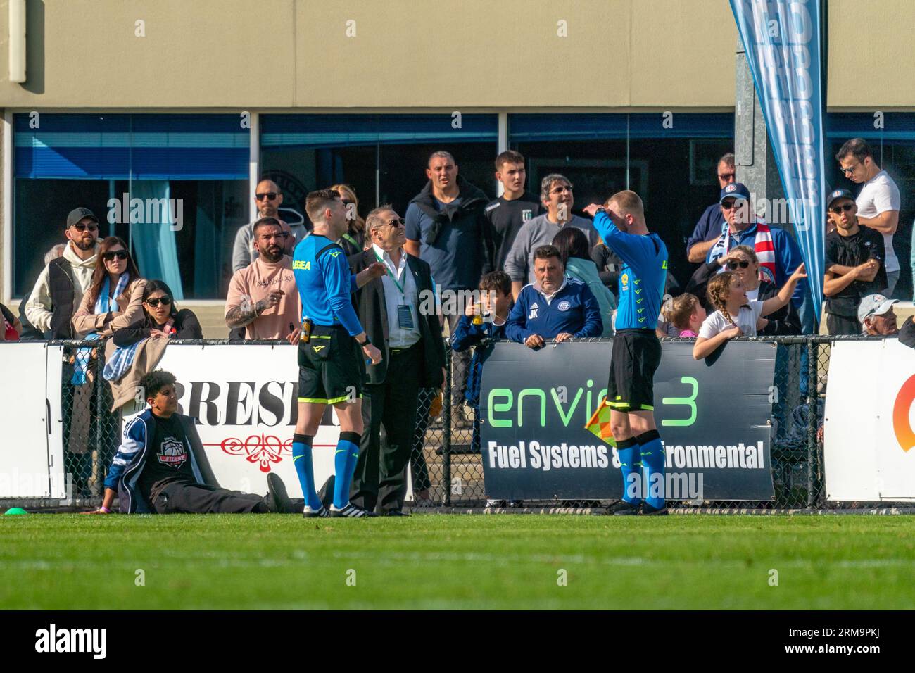 Oakleigh, Australia. 27 August, 2023. A Football Australia official and match referees paused the match after noticing an unauthorised drone recording the game. Credit: James Forrester/Alamy Live News Stock Photo