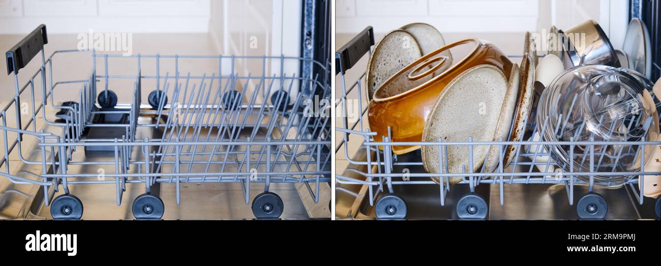 Empty and full dishwasher tray. Dishwasher before and after washing