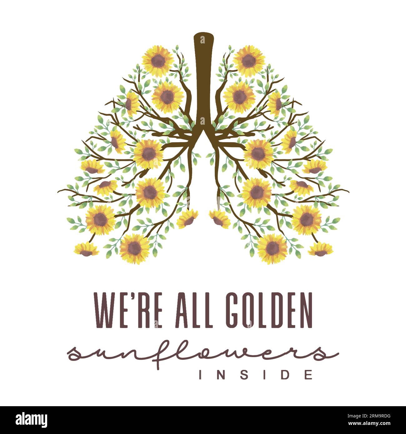 Blooming Sunflower quote Watercolor lungs hand drawn Stock Vector