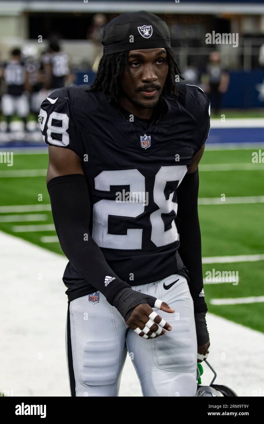 Las Vegas Raiders cornerback David Long Jr. (28) is seen during warm ups  before an NFL preseason football game against the Dallas Cowboys, Saturday,  Aug. 26, 2023, in Arlington, Texas. Dallas won