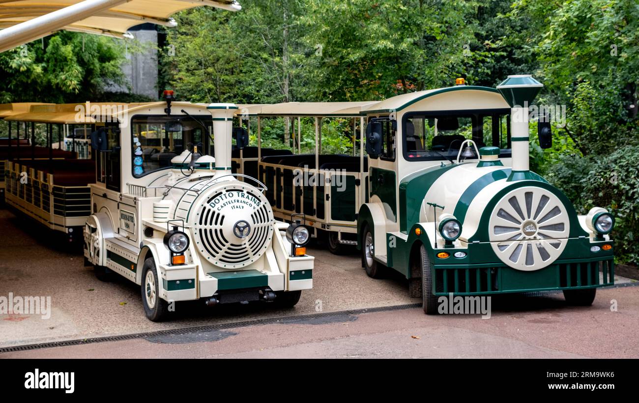 Small passenger trains used to transport visitors around Colchester zoo