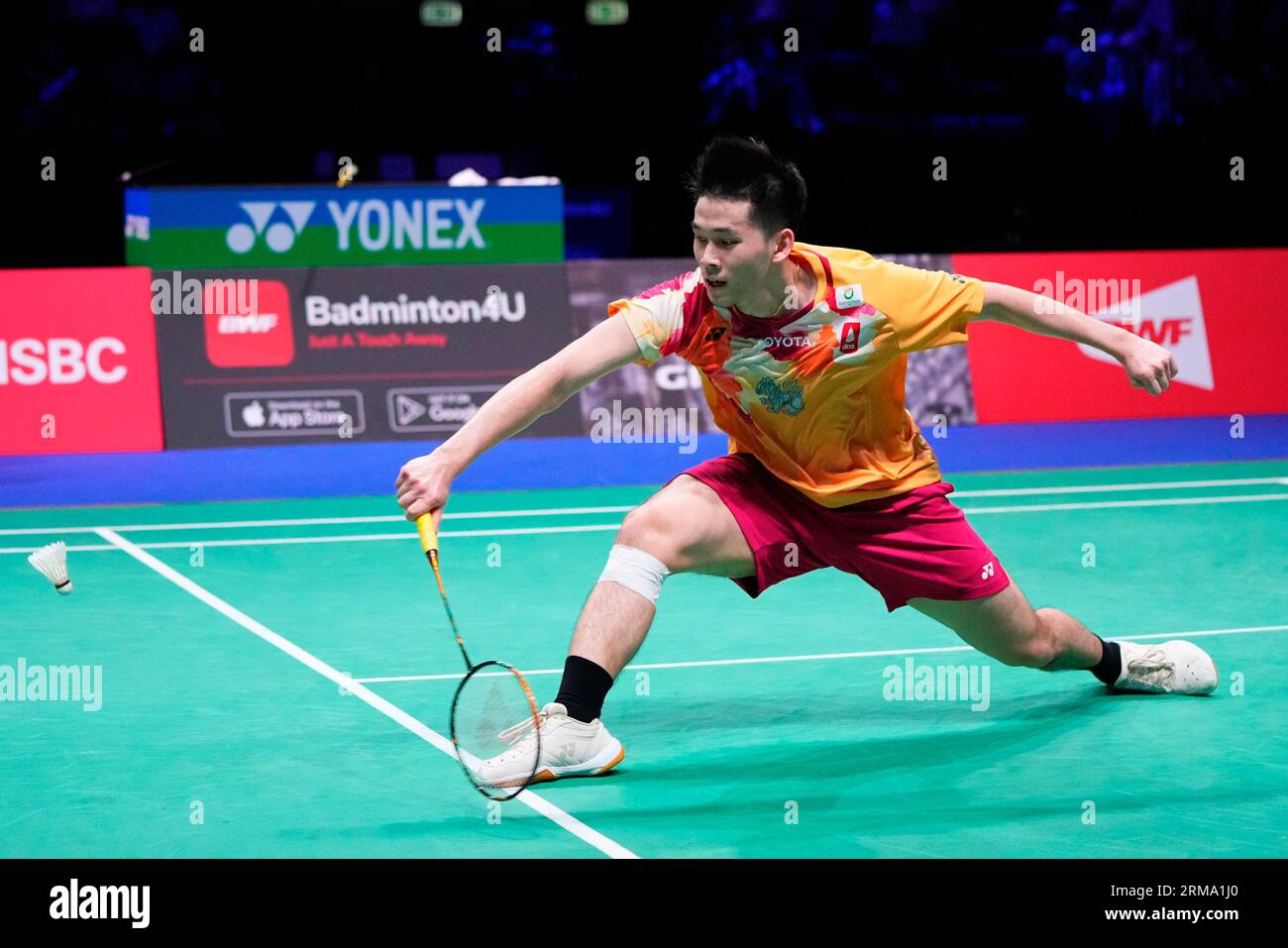 Thailand's Kunlavut Vitidsarn in action during the men's final singles badminton  match against Japan's Kodai Naraoka, of the BWF World Championship, at the  Royal Arena, in Copenhagen, Denmark, Sunday, Aug. 27, 2023. (