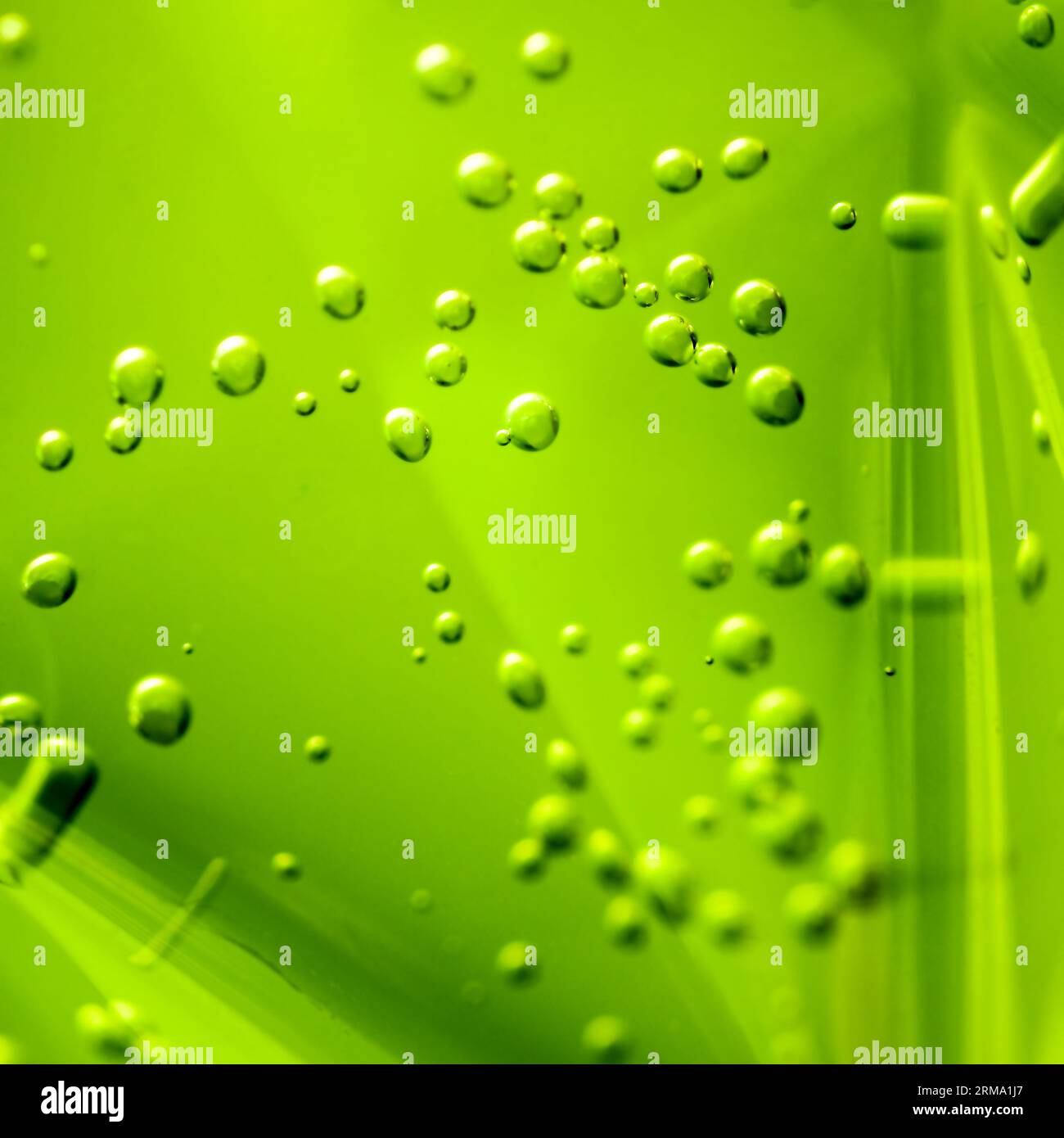 Green bubbles in a green background. Oxygen bubbles in the bottle with water or drink. Selective focus on center with shallow depth of field Stock Photo