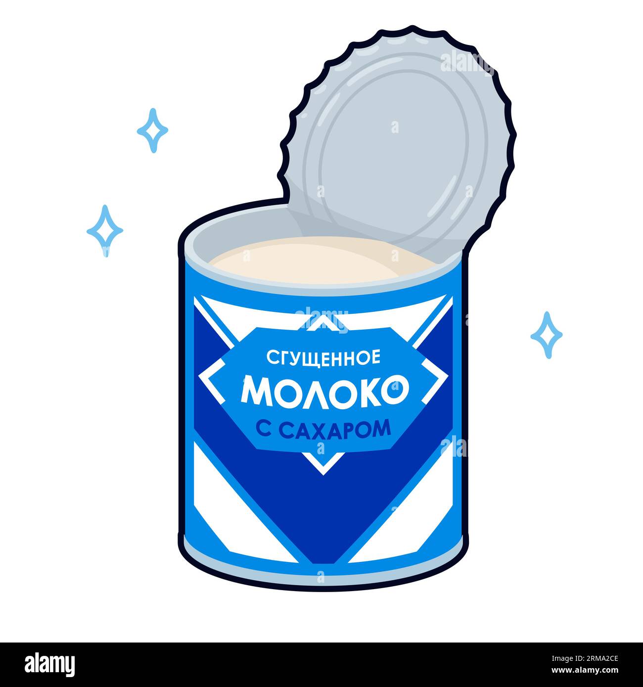 Vintage condensed milk can. Russian text: 'Condensed milk with sugar'. Cartoon vector clip art illustration. Stock Vector