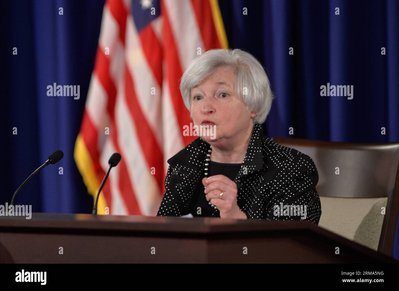 (140618) -- WASHINGTON, June 18, 2014 (Xinhua)-- US Federal Reserve Chair Janet Yellen speaks during a press conference at Federal Reserve Board building in Washington D.C., capital of the United States, June 18, 2014. The US Federal Reserve announced Wednesday that it will continue tapering its monthly bond purchase program by another 10 billion U.S. dollars next month, after lowering its growth forecast for the world s largest economy this year. (Xinhua/Bao Dandan) US-WASHINGTON-FEDERAL RESERVE PUBLICATIONxNOTxINxCHN   Washington June 18 2014 XINHUA U.S. Federal Reserve Chair Janet Yellen Sp Stock Photo