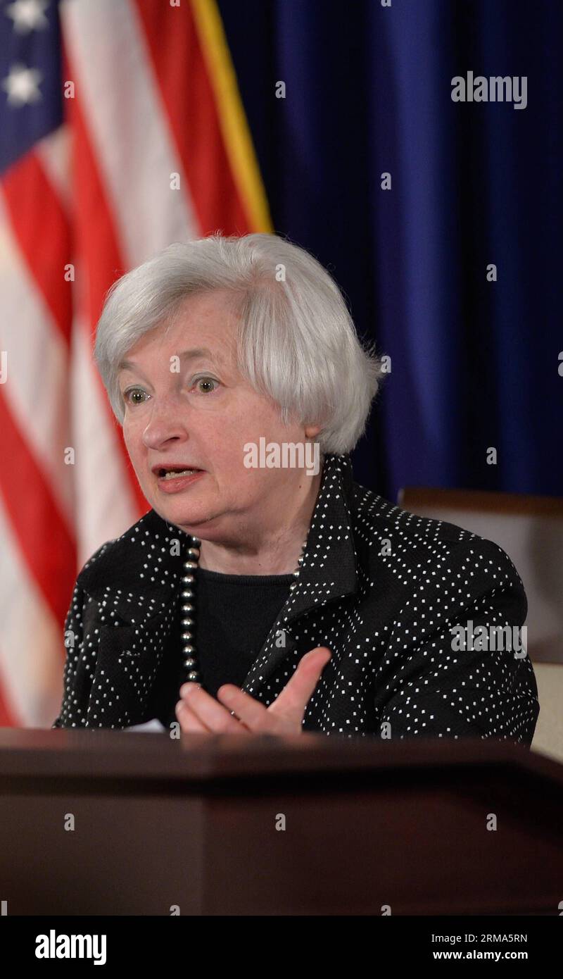 (140618) -- WASHINGTON, June 18, 2014 (Xinhua)-- US Federal Reserve Chair Janet Yellen speaks during a press conference at Federal Reserve Board building in Washington D.C., capital of the United States, June 18, 2014. The US Federal Reserve announced Wednesday that it will continue tapering its monthly bond purchase program by another 10 billion U.S. dollars next month, after lowering its growth forecast for the world s largest economy this year. (Xinhua/Bao Dandan) US-WASHINGTON-FEDERAL RESERVE PUBLICATIONxNOTxINxCHN   Washington June 18 2014 XINHUA U.S. Federal Reserve Chair Janet Yellen Sp Stock Photo