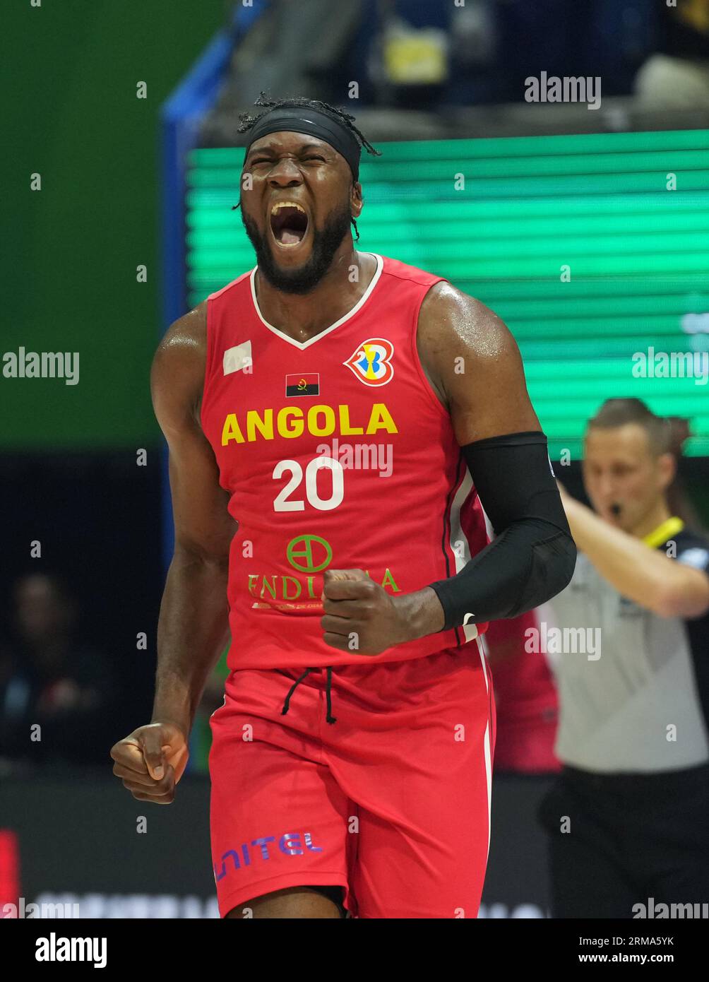 Manila, Philippines. 27th Aug, 2023. Bruno Fernando (C) of Angola celebrates during the Group A match between the Philippines and Angola at the 2023 FIBA World Cup in Manila, the Philippines, on Aug. 27, 2023. Credit: Meng Yongmin/Xinhua/Alamy Live News Stock Photo
