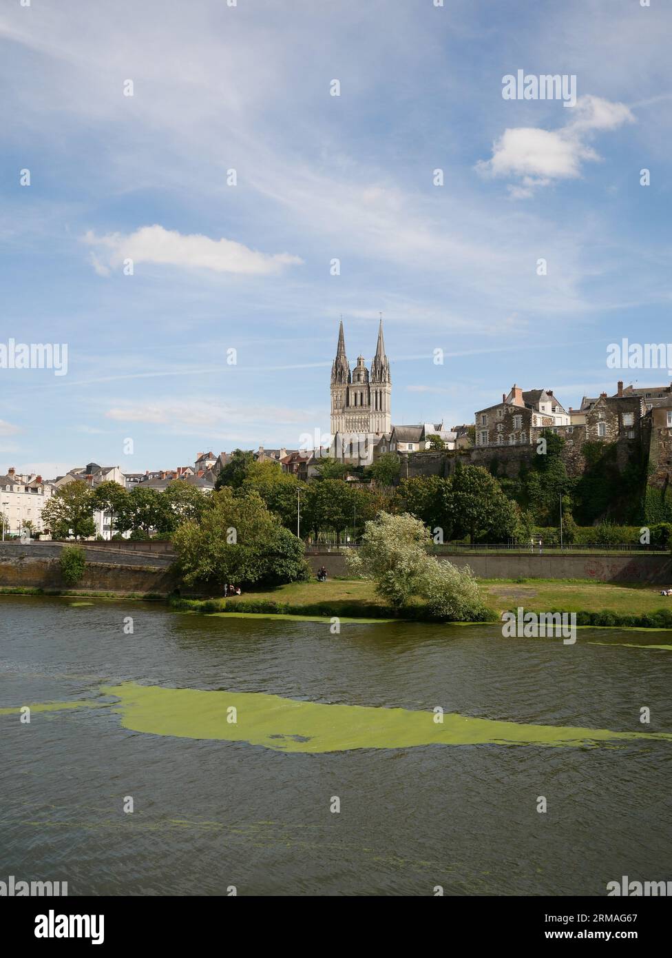 View over River Maine to Cathédrale Saint-Maurice d'Angers. Angers, France. Stock Photo