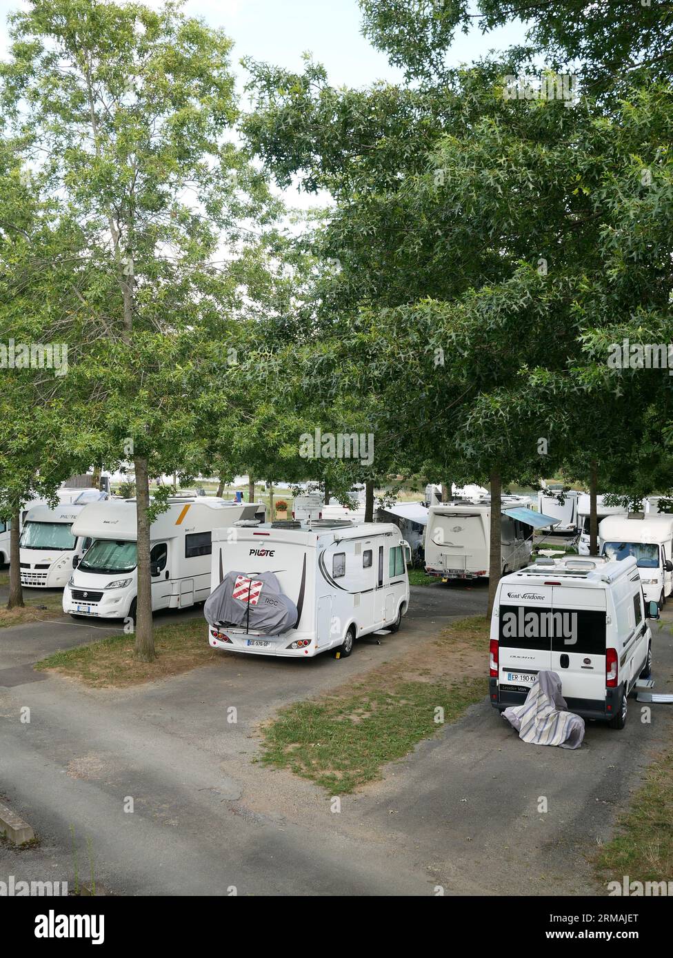Motorhomes at Aire Bouchemaine, on the conflunece of the Rivers Maine and Loire near Angers France Stock Photo