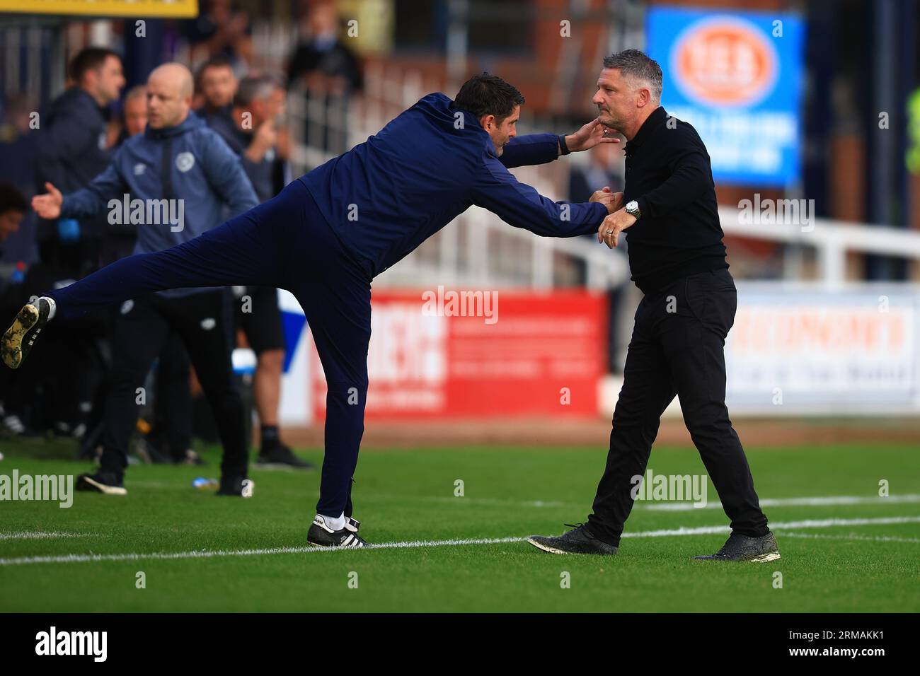 27th August 2023; Dens Park, Dundee, Scotland: Scottish Premiership Football, Dundee versus Heart of Midlothian; Dundee manager Tony Docherty celebrates at the end of the match with assistant manager Stuart Taylor Stock Photo