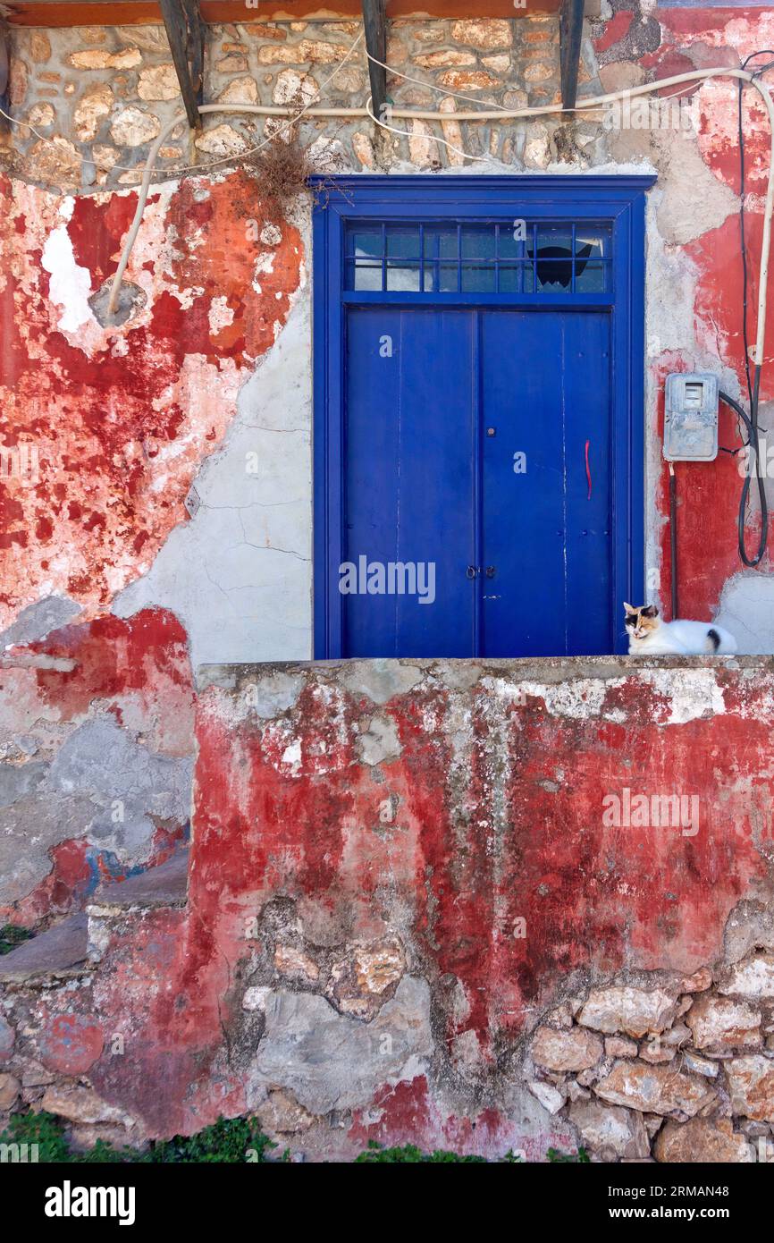Old but beautiful old, blue wooden door at an abandoned house with worn ...