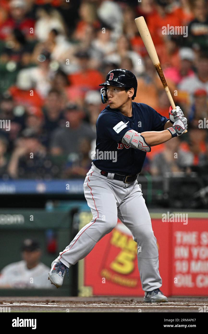 Boston Red Sox left fielder Masataka Yoshida (7) in the top of the first inning of the MLB game between the Boston Red Sox and the Houston Astros on T Stock Photo