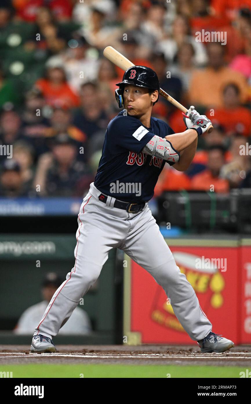 Boston Red Sox left fielder Masataka Yoshida (7) batting in the top of the first inning of the MLB game between the Boston Red Sox and the Houston Ast Stock Photo