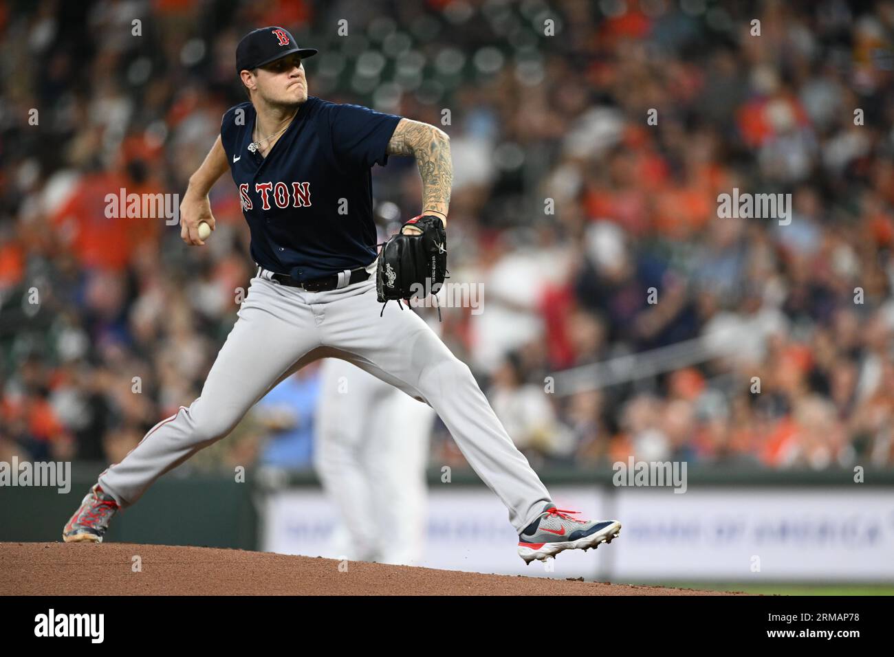 Boston Red Sox starting pitcher Tanner Houck (89) in the bottom of the first inning of the MLB game between the Boston Red Sox and the Houston Astros Stock Photo