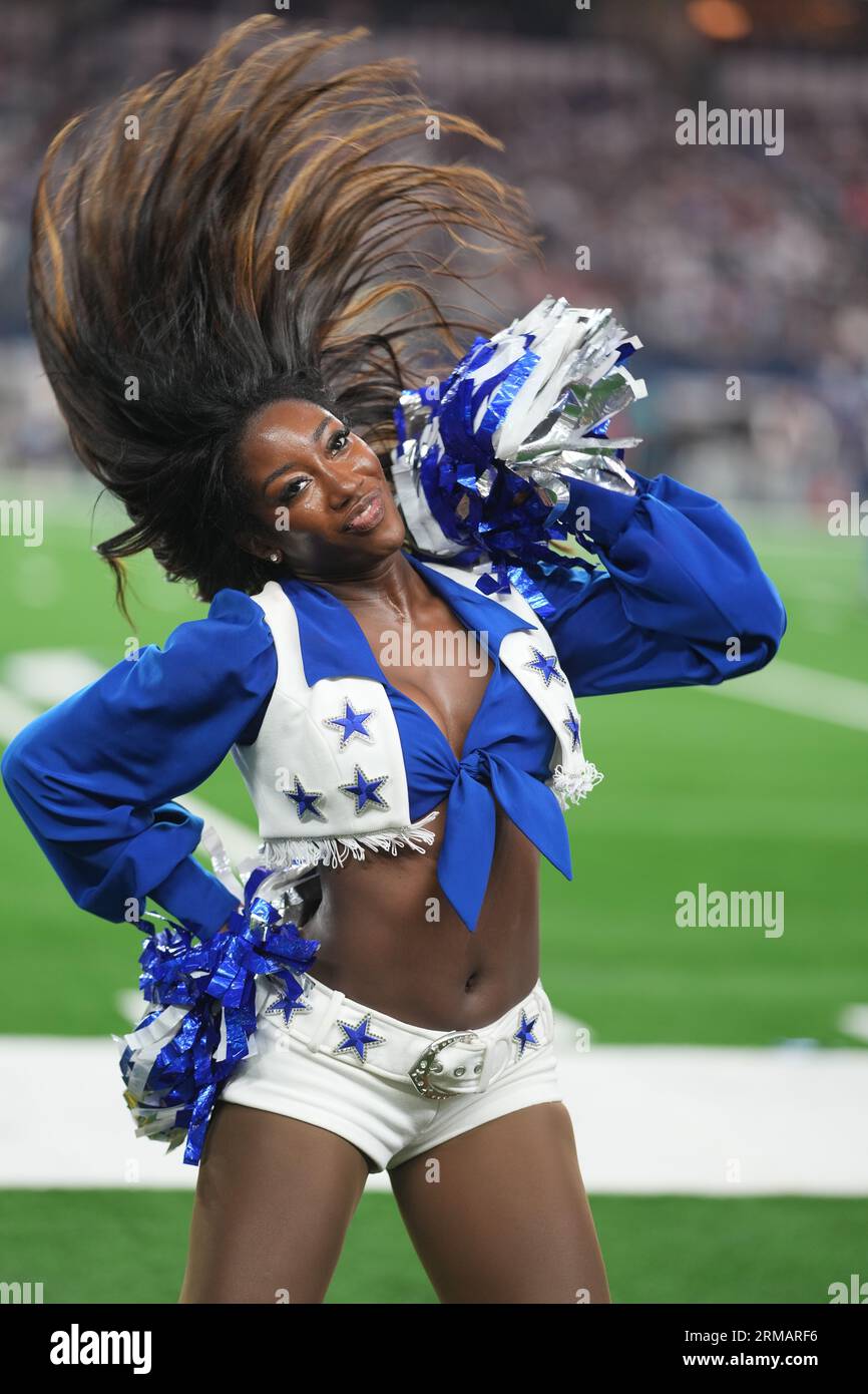 Arlington, United States. 26th Aug, 2023. Dallas Cowboys cheerleader  Camille Sturdivant performs during a NFL preseason season game between the  Las Vegas Raiders and Dallas Cowboys at ATT Stadium in Arlington, TX