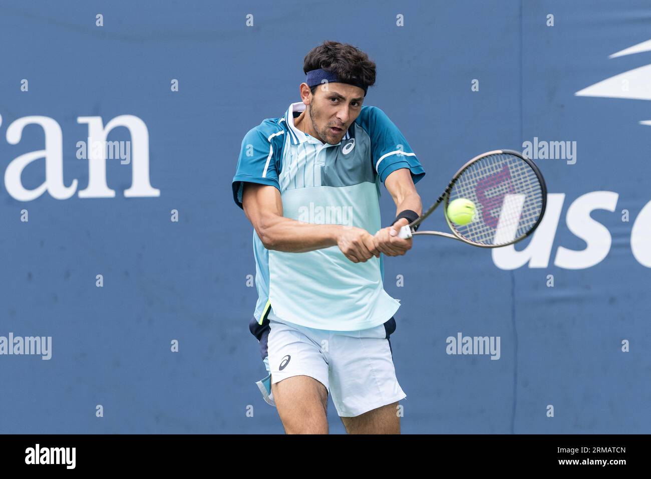 Emilio Nava of USA returns ball during final round match against Eliot Spizzirri of USA of qualifying for US Open Championships at Billy Jean King Tennis Center in New York on August 24, 2023 Stock Photo