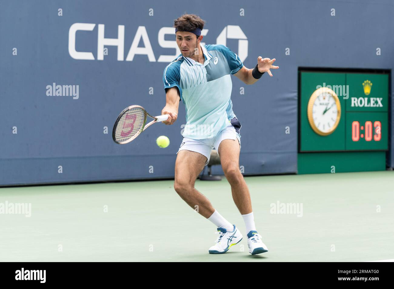 Emilio Nava of USA returns ball during final round match against Eliot Spizzirri of USA of qualifying for US Open Championships at Billy Jean King Tennis Center in New York on August 24, 2023 Stock Photo