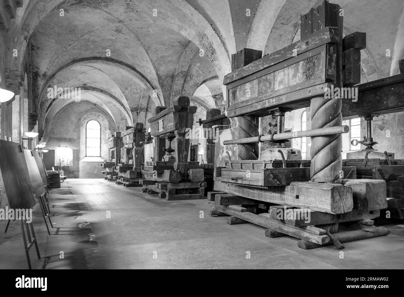 Eberbach, Germany - August 24, 2023:   old vinery and press house  in Eberbach. The Abbey is a former Cistercian monastery near Eltville am Rhein in t Stock Photo