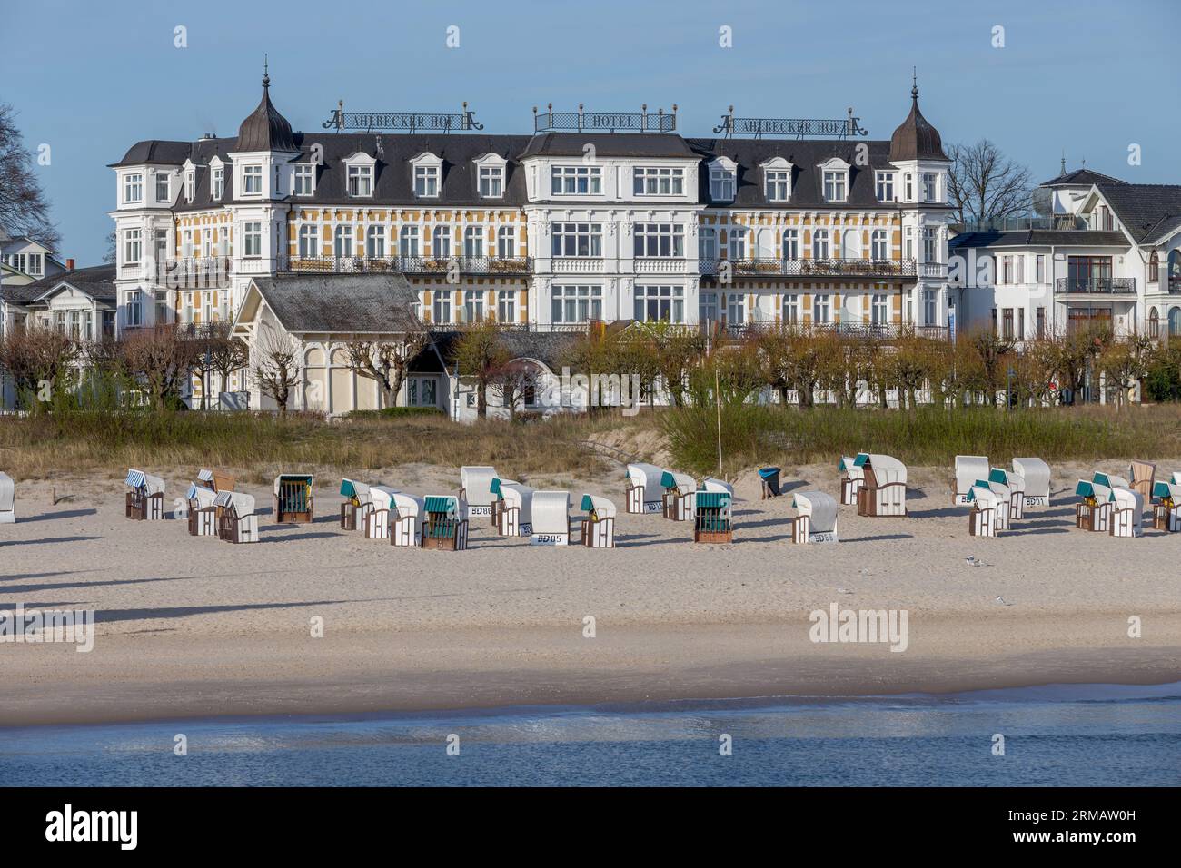 Ahlbeck, Germany - April 17, 2014: scenic view to beach and old historic Hotel Ahlbecker hof. Stock Photo