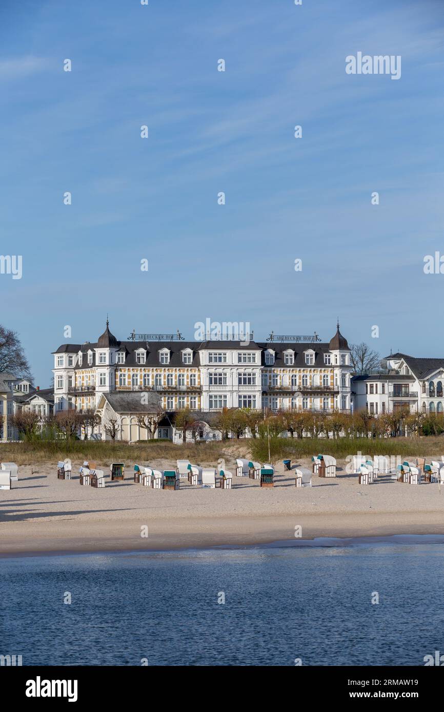 Ahlbeck, Germany - April 17, 2014: scenic view to beach and old historic Hotel Ahlbecker hof. Stock Photo