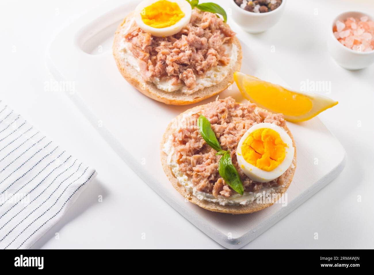 Toast with Canned Tuna. Fish open sandwich with egg and cheese Stock