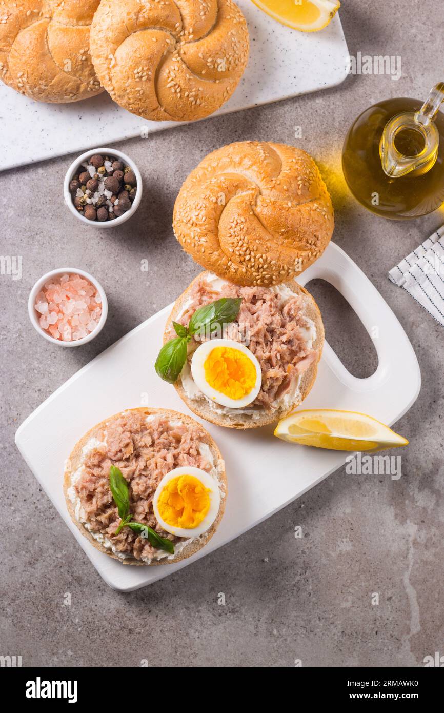 Toast with Canned Tuna. Fish open sandwich with egg and cheese Stock