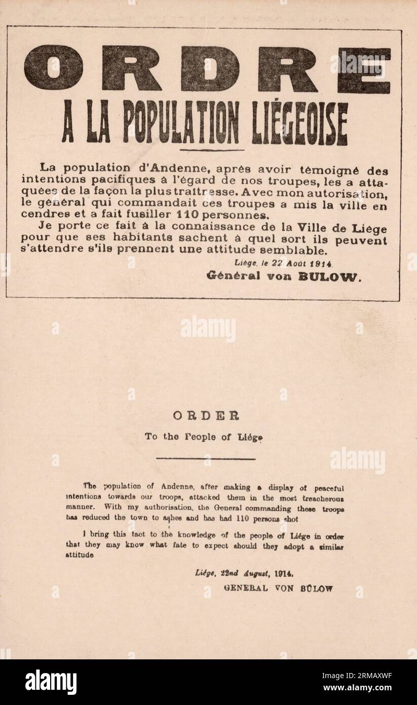 Ordre a la Population Liégeoise 1914 Order to People of Liege, WW1 postcard Stock Photo