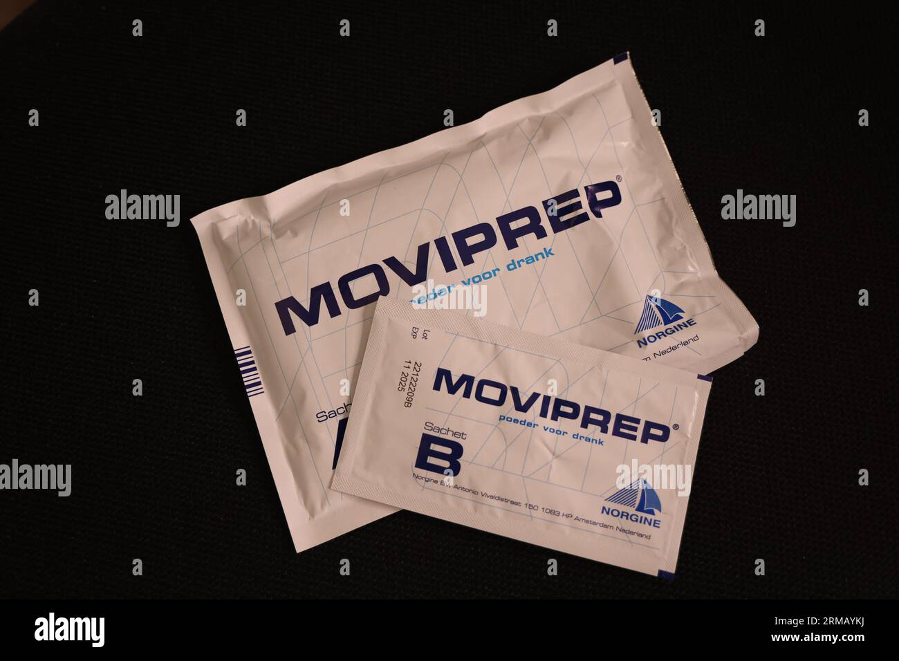 Photo of Moviprep medicine consisting of two sachets with powder; lemon