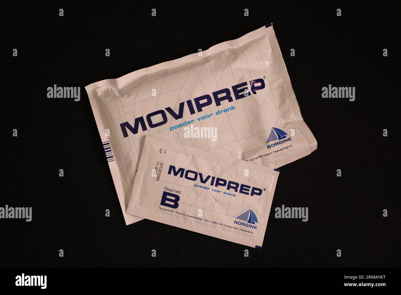 Photo of Moviprep medicine consisting of two sachets with powder; lemon