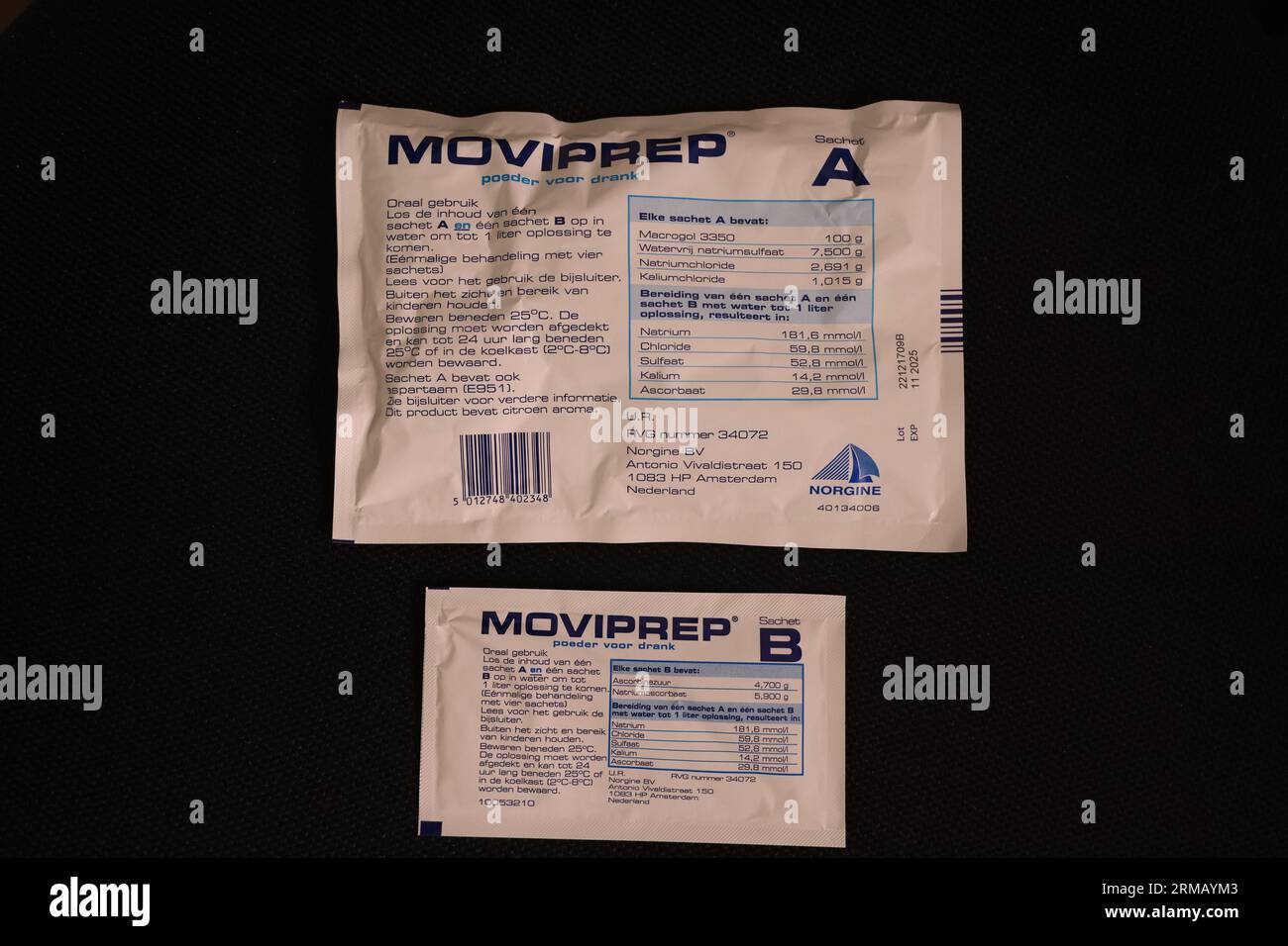 Photo of Moviprep medicine consisting of two sachets with powder; lemon