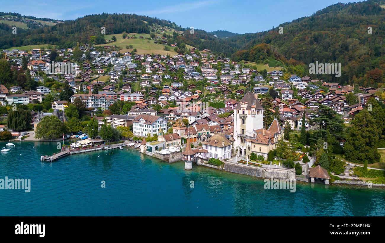 Aerial view of Oberhofen Castle on the shore of Lake Thun, Canton of Bern, Switzerland. Stock Photo