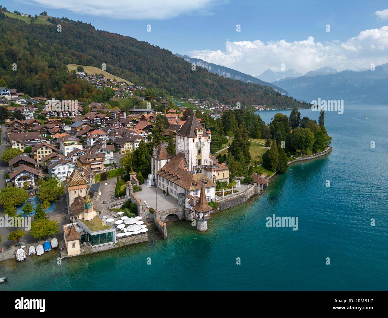 Aerial view of Oberhofen Castle on the shore of Lake Thun, Canton of Bern, Switzerland. Stock Photo