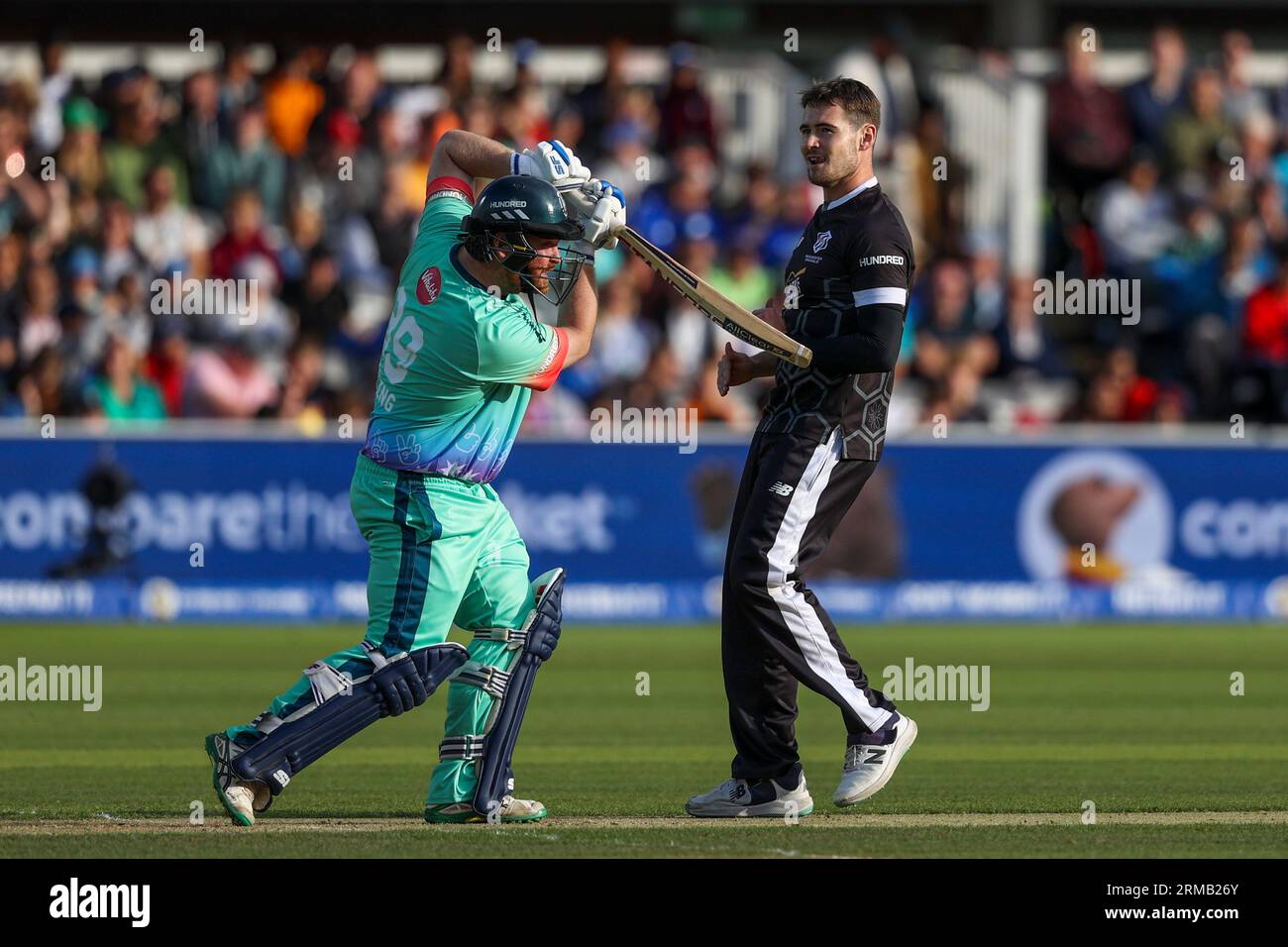 London, England. 21st August, 2023. Oval Invincibles  Paul Stirling and Manchester Orginals' Josh Little during the Hundred Final match between Oval Invincibles vs Manchester Originals at the Lords Cricket Ground. Credit: Ben Whitley/Alamy Live News Stock Photo