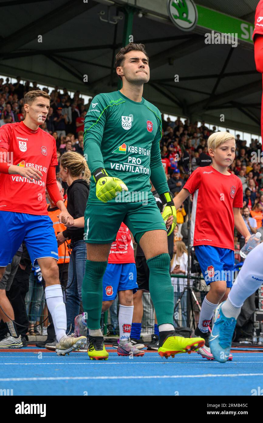 Hvidovre, Denmark. 27th Aug, 2023. Goalkeeper Filip Djukic (1) of Hvidovre IF enters the pitch for the 3F Superliga match between Hvidovre IF and Odense BK at Pro Ventilation Arena in Hvidovre. (Photo Credit: Gonzales Photo/Alamy Live News Stock Photo
