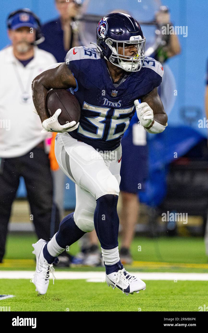 Tennessee Titans running back Julius Chestnut (36) runs after making a  catch during warmups before their game against the Tampa Bay Buccaneers  Saturday, Aug. 20, 2022, in Nashville, Tenn. (AP Photo/Wade Payne