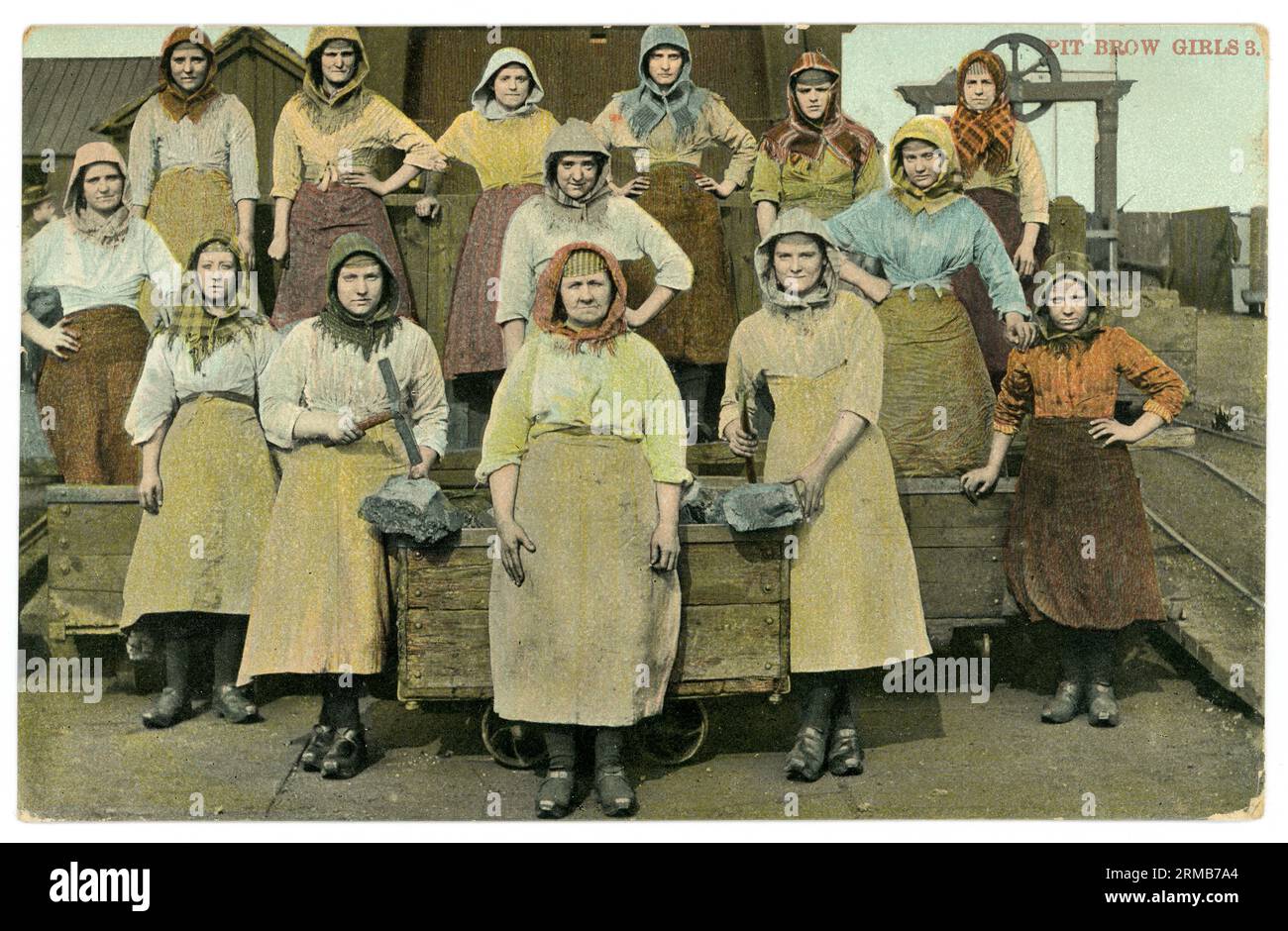 Reverse of Edwardian era postcard of Pit brow girls group at pithead, Moss Hall Colliery, Wigan, Lancashire, U.K. Posted 6 July 1909 Stock Photo