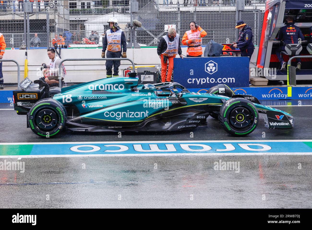 ZANDVOORT, NETHERLANDS - AUGUST 27: Lance Stroll of Aston Martin Aramco Cognizant F1 Team  in the pitlane when they restared after the red flag during Stock Photo